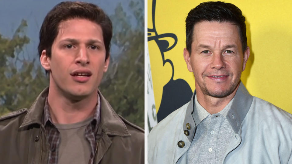 Andy Samberg dressed in a collared shirt under a coat with short brown hair side by side with Mark Wahlberg in a collared shirt under a coat