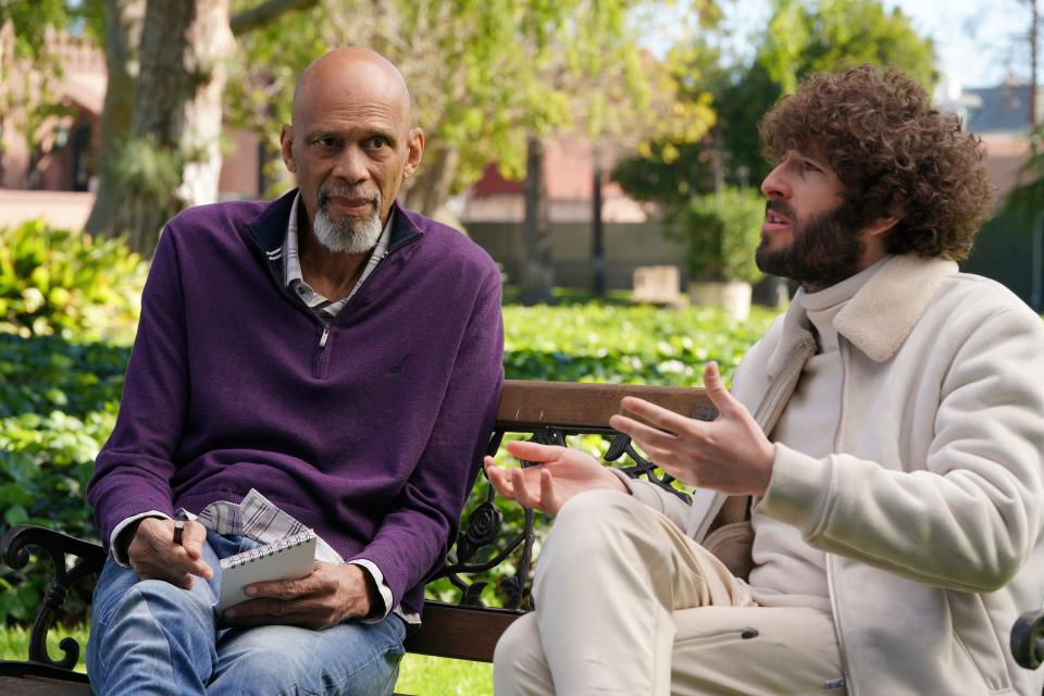 NBA and college basketball legend Kareem Abdul-Jabbar, left, challenges Dave (Dave Burd) while interviewing him on FXX's "Dave."