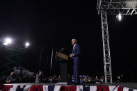 Democratic presidential candidate former Vice President Joe Biden speaks at a drive-in rally at the Florida State Fairgrounds, Thursday, Oct. 29, 2020, in Tampa, Fla. (AP Photo/Andrew Harnik)