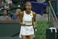 Leylah Fernandez, of Canada, reacts to winning a set against Amanda Anisimova at the BNP Paribas Open tennis tournament Saturday, March 12, 2022, in Indian Wells, Calif. (AP Photo/Mark J. Terrill)