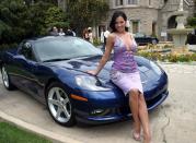 Playboy's Playmate of the Year 2005 Tiffany Fallon poses with her 2005 Corvette Coupe. Every Playmate of the year receives a car of their choosing. Photo: Getty Images