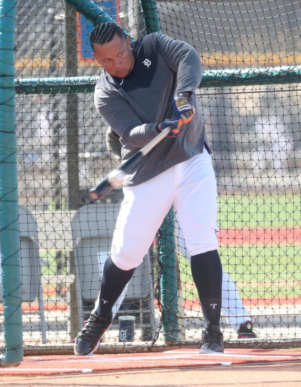 Tigers DH Miguel Cabrera bats during spring training on Monday, Feb. 20, 2023, in Lakeland, Florida.