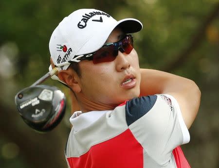 Bae-Sang-Moon of South Korea hits a driver off the second tee during first round play of the Masters golf tournament at the Augusta National Golf Course in Augusta, Georgia April 9, 2015. REUTERS/Mark Blinch