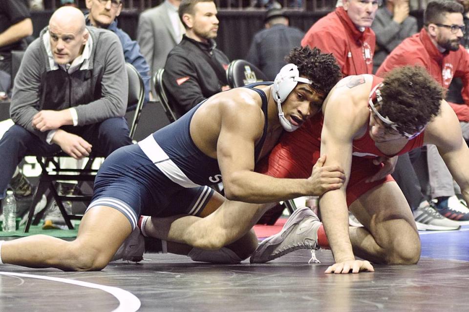 Penn State’s Carter Starocci controls Cornell’s Chris Foca in their 174-pound semifinals match of the NCAA Championships on Friday, March 17, 2023 at the BOK Center in Tulsa, Okla. Starocci shut out Foca, 6-0, to make the finals.