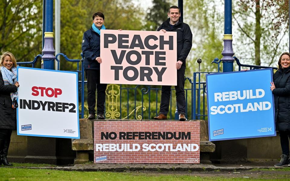 MUSSELBURGH, SCOTLAND - MAY 04: Scottish Conservative party leader Douglas Ross and Former Leader Ruth Davidson with campaign during the Scottish Parliament election with candidates Marie Claire Munro and Rebecca Fraser at Lewisvale Park on May 04, 2021 in Musselburgh, Scotland. Political party leaders were out campaigning in the final two day before voters go to the polls on Thursday in across Scotland. (Photo by Jeff J Mitchell/Getty Images) - Jeff J Mitchell/Getty Images