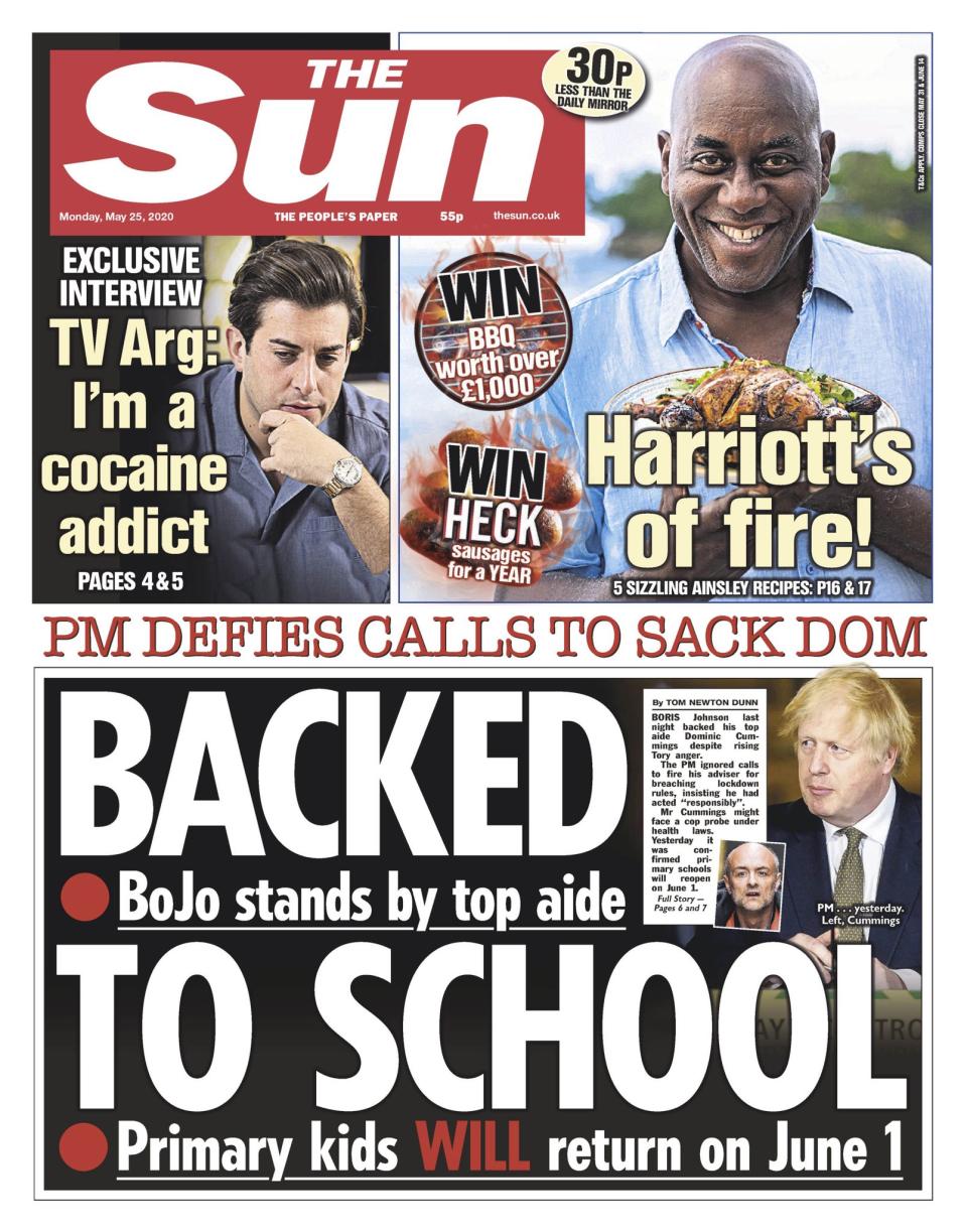 The Sun said Boris Johnson had defied calls to sack Dominic Cummings.