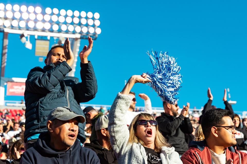 Corner Canyon High School fans celebrate at half-time during the 6A football state championship against Skyridge High School at Rice-Eccles Stadium in Salt Lake City on Friday, Nov. 17, 2023. | Megan Nielsen, Deseret News