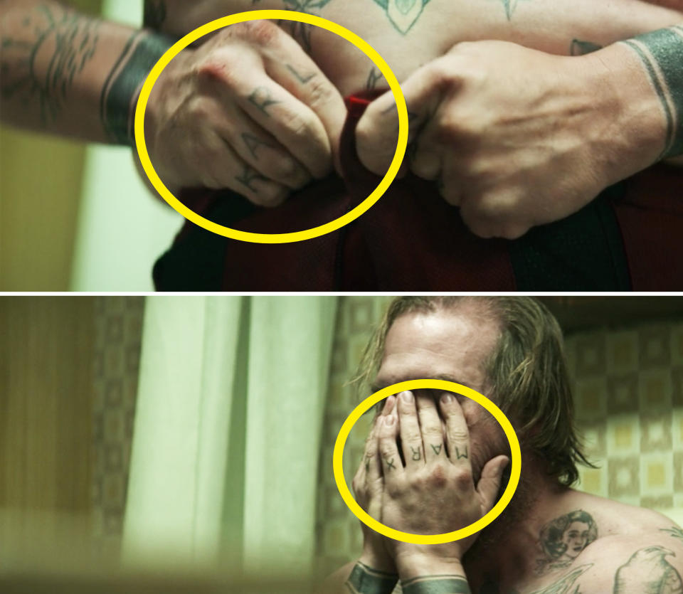 Close-ups of Karl written on Alexei's right hand and Marx written on his left