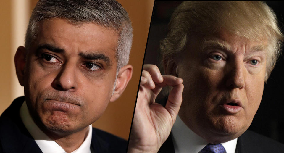 London Mayor Sadiq Khan, left, and U.S. President Donald Trump. (Photos: Yves Herman/Reuters, Richard Drew/AP)