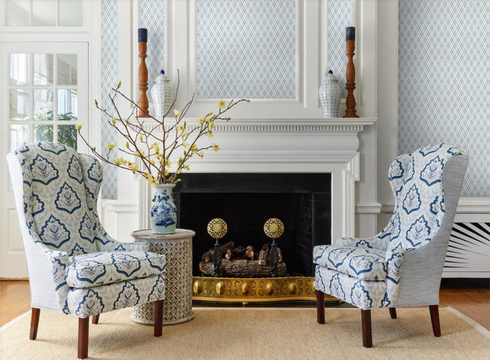 Selections from Stout Textiles’ Morningside collection by Kristen Leigh, including the Morocco wallpaper in Moonstone