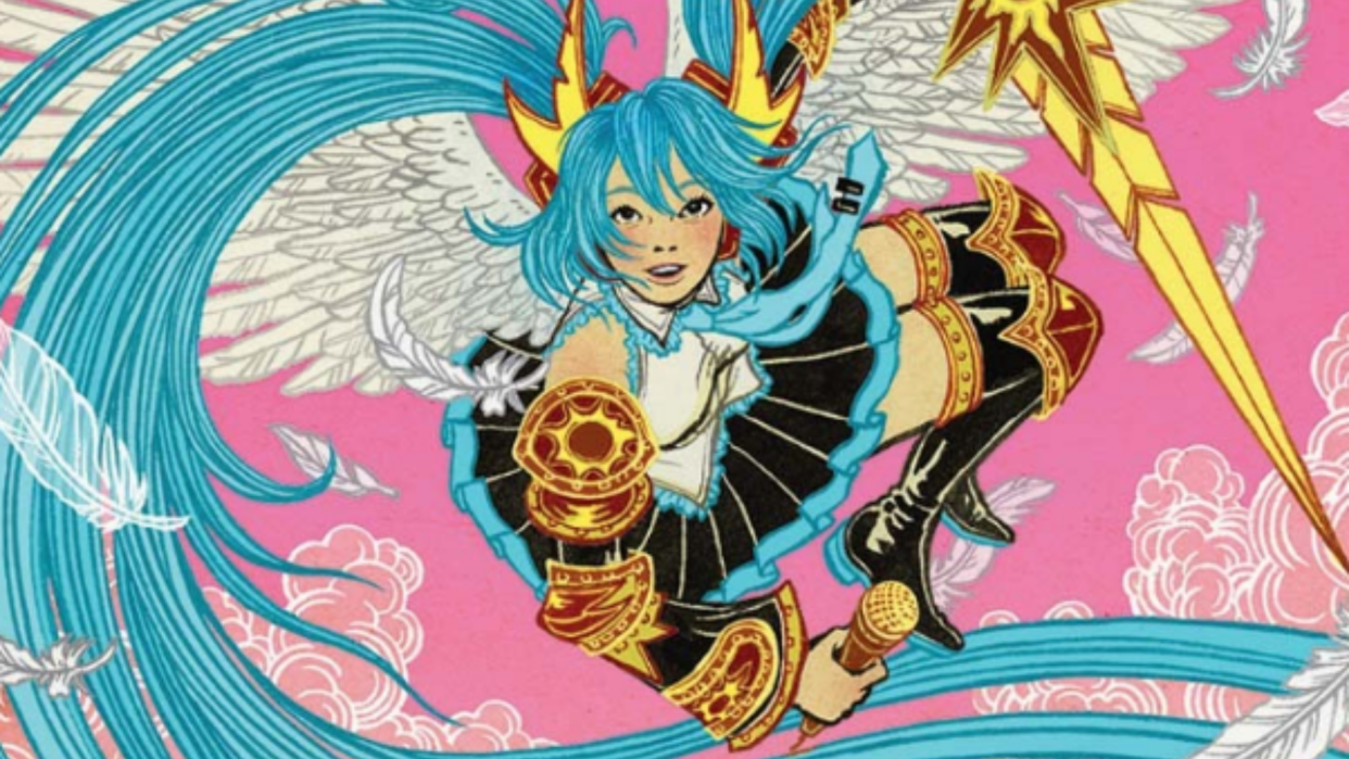  Miku flying through the air with a golden sword and armour. 