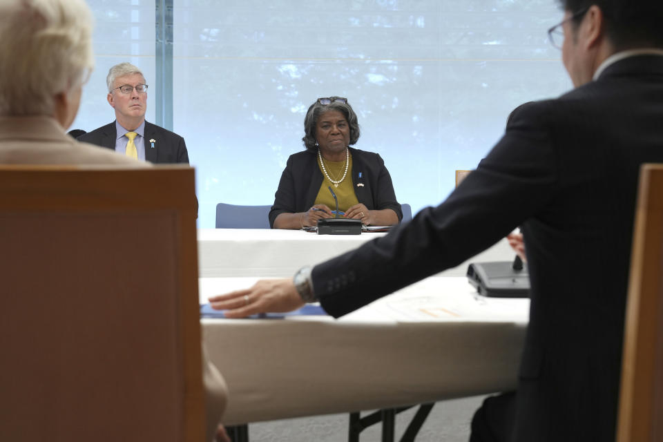 U.S. Ambassador to United Nations Linda Thomas-Greenfield, center, meets with the families of abduction victims by North Korea Thursday, April 18, 2024, at prime minister's office in Tokyo. (AP Photo/Eugene Hoshiko, Pool)