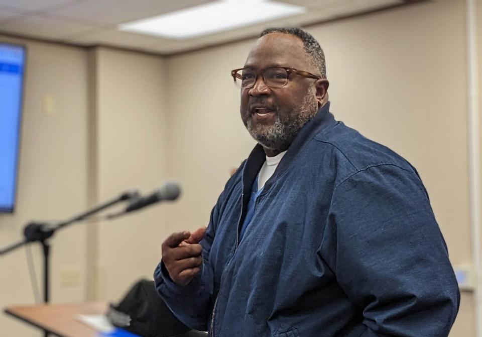 Alonzo Nelson, vice president of the Wichita Falls NAACP and associate minister of New Jerusalem Baptist Church, spoke against a mascot election at a Wichita Falls ISD School Board meeting on Monday, March 20, 2023.