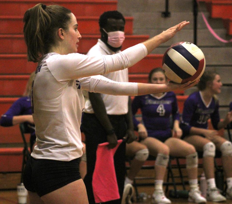 Fletcher libero Traci Schrock (3) prepares to serve during the 2021 Gateway Conference high school volleyball final against Mandarin.