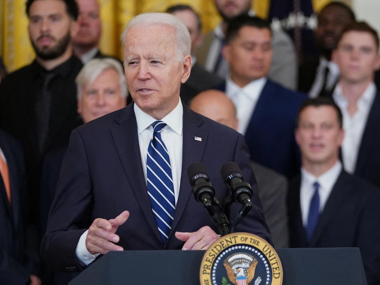 US President Joe Biden speaks during an event honoring the Los Angeles Dodgers and their 2020 World Series Championship in the East Room of the White House in Washington, DC on 2 July, 2021. The president has said he does not want to talk about ‘negative’ things during a presser on Friday 2 July, 2021. (AFP via Getty Images)