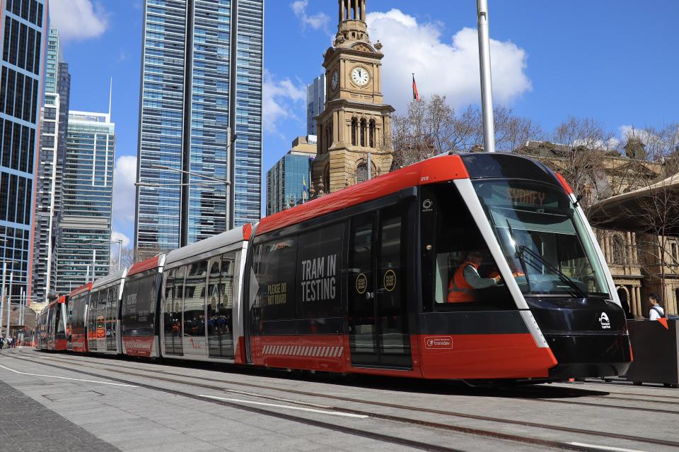 A sydney light rail tram in testing along George Street in the Sydney CBD.