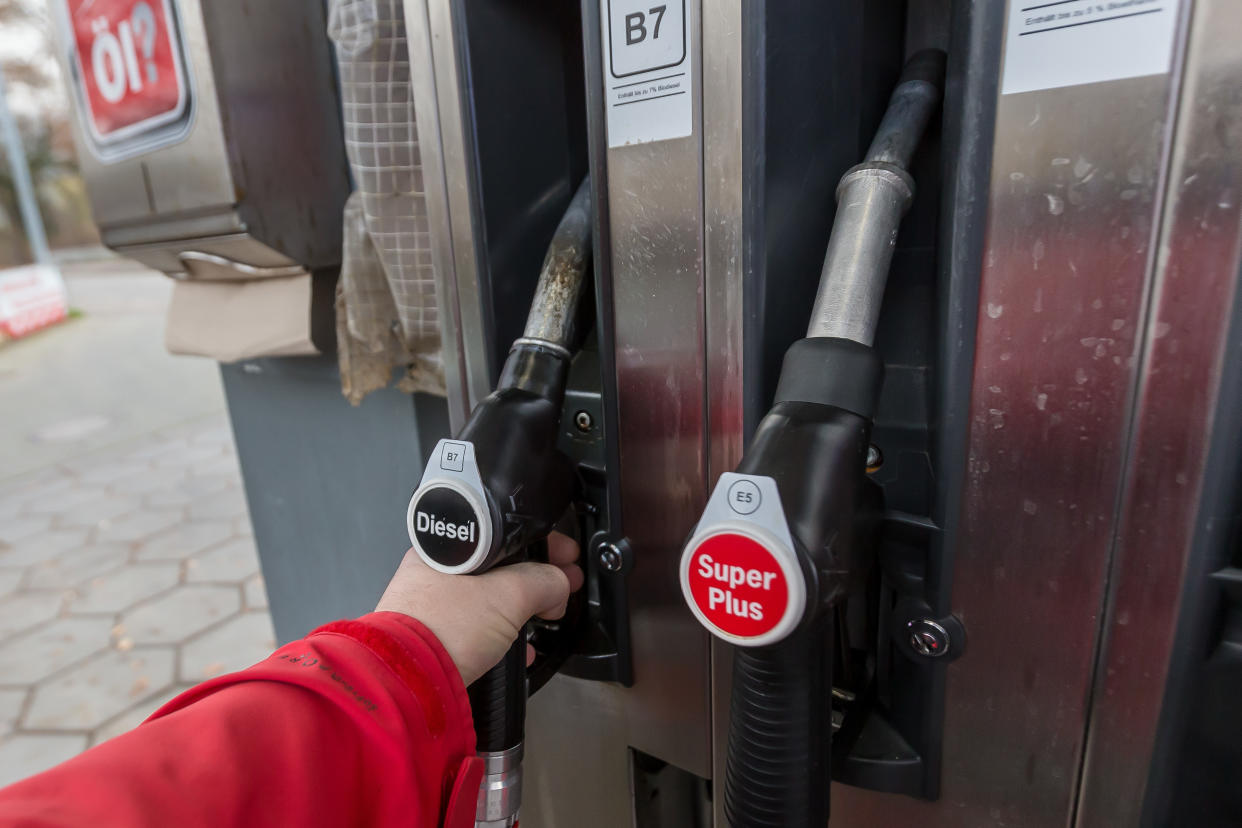 BLAUBEUREN, GERMANY - NOVEMBER 28: (BILD ZEITUNG OUT) Fuel pumps with Diesel and Super Plus fuel nozzles are seen at a gas station  on November 28, 2020 in Blaubeuren, Germany. (Photo by Harry Langer/DeFodi Images via Getty Images)