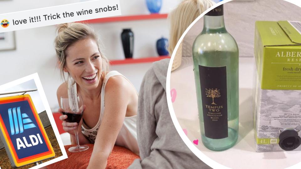 Pictured: Women drinking wine, Aldi logo, and clever mum's Aldi savings hack. Images: Getty, Facebook (Mums who Budget and Save)