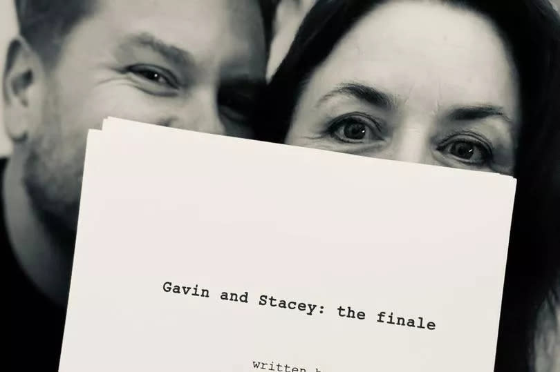 For use in UK, Ireland or Benelux countries only 

Undated BBC handout photo of  James Corden and Ruth Jones holding a script for 'Gavin and Stacey: The Finale'. The last-ever episode of BBC sitcom Gavin and Stacey will be shown on Christmas Day this year, the broadcaster said. Issue date: Friday May 3, 2024. PA Photo. See PA story SHOWBIZ GavinAndStacey. Photo credit should read: James Corden and Ruth Jones/PA Wire

NOTE TO EDITORS: Not for use more than 21 days after issue. You may use this picture without charge only for the purpose of publicising or reporting on current BBC programming, personnel or other BBC output or activity within 21 days of issue. Any use after that time MUST be cleared through BBC Picture Publicity. Please credit the image to the BBC and any named photographer or independent programme maker, as described in the caption.