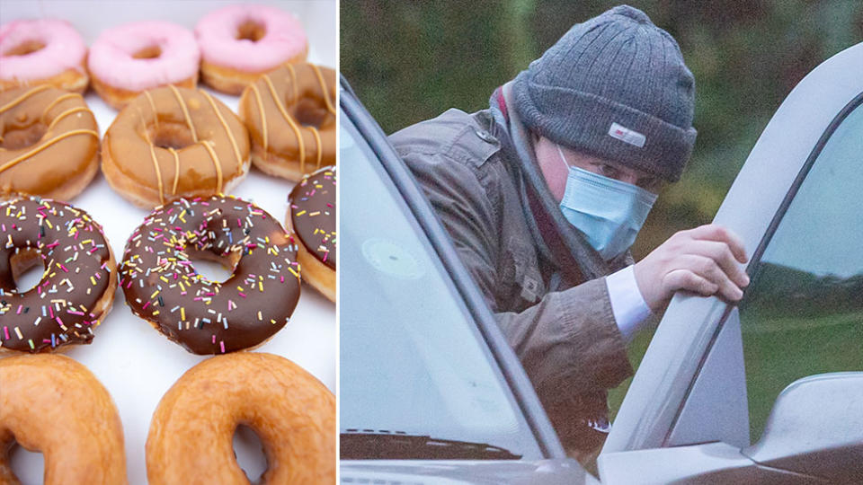 Pictured are donuts and on the right is Cambridgeshire police officer Simon Read.