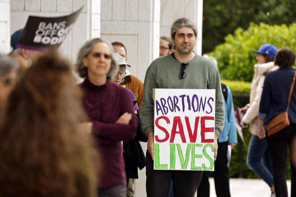 Abortion rights supporters gather at a rally at Bicentennial Plaza put on by Planned Parenthood South Atlantic in response to a bill before the North Carolina Legislature, Wednesday, May 3, 2023, in Raleigh, N.C. (AP Photo/Karl B DeBlaker)