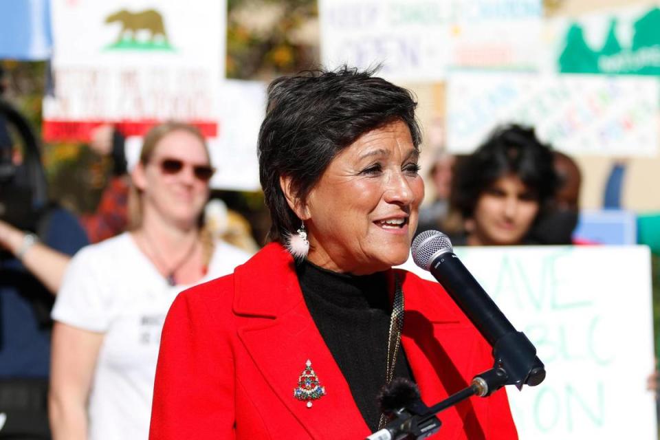SLO County Supervisor Dawn Ortiz-Legg spoke at a clean energy rally in 2021 that called for keeping the Diablo Canyon nuclear power plant open.