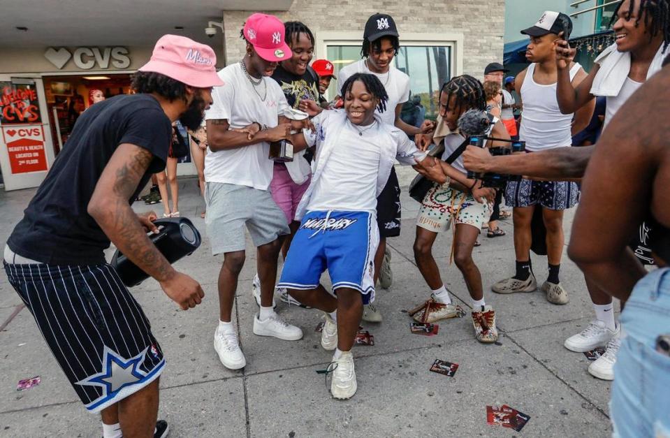 Raheem Joseph of New York dances for a music video along Ocean Drive during spring break on Miami Beach, Florida on Saturday, March 16, 2024.