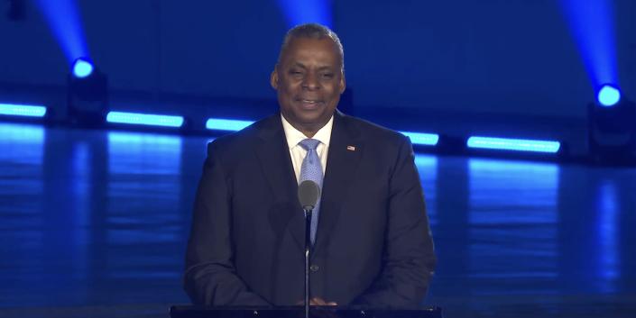 Secretary of Defense Lloyd Austin attends the unveiling of the B-21 Bomber.