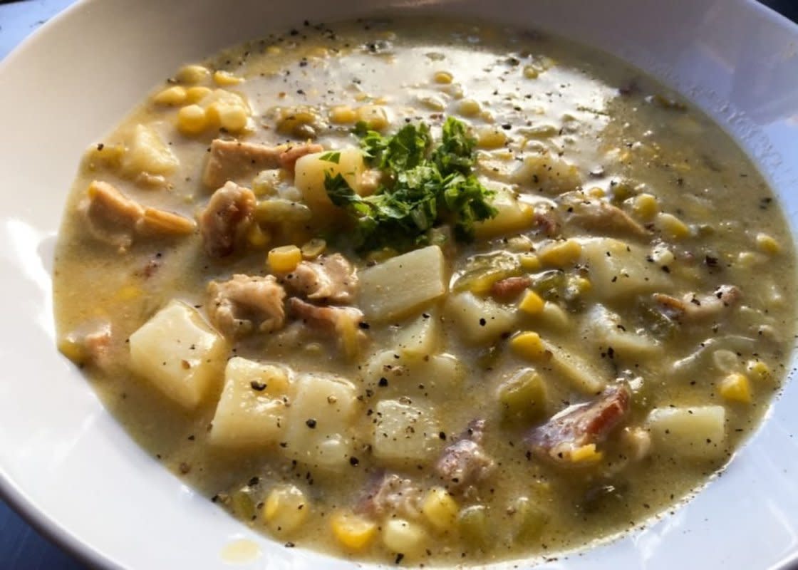 <p>Ben Rayl</p><p>This green chile chicken corn chowder is super easy to make, requires little supervision and is so good.</p><p><strong>Get the recipe: <a href="https://parade.com/841545/benrayl/green-chile-chicken-corn-chowder/" rel="nofollow noopener" target="_blank" data-ylk="slk:Green Chile Chicken Corn Chowder;elm:context_link;itc:0;sec:content-canvas" class="link rapid-noclick-resp">Green Chile Chicken Corn Chowder</a></strong></p><p><strong>Related: <a href="https://parade.com/1141369/kristamarshall/slow-cooker-chowder-recipes/" rel="nofollow noopener" target="_blank" data-ylk="slk:22 Best Slow Cooker Chowder Recipes;elm:context_link;itc:0;sec:content-canvas" class="link rapid-noclick-resp">22 Best Slow Cooker Chowder Recipes</a></strong></p>