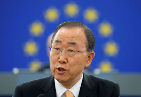 U.N. Secretary General Ban Ki-moon delivers a speech ahead of a voting session on the Paris U.N. COP 21 Climate Change agreement at the European Parliament in Strasbourg, France, October 4, 2016. REUTERS/Vincent Kessler/File Photo