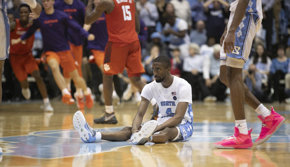 North Carolina's Brandon Robinson (4) reacts after missing a three-point shot at the buzzer in an NCAA college basketball game against Clemson on Saturday, Jan. 11, 2020, at the Smith Center in Chapel Hill, N.C. (Robert Willett/The News & Observer via AP)