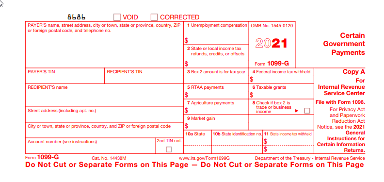 A blank 1099-G form, as seen on the IRS' website.