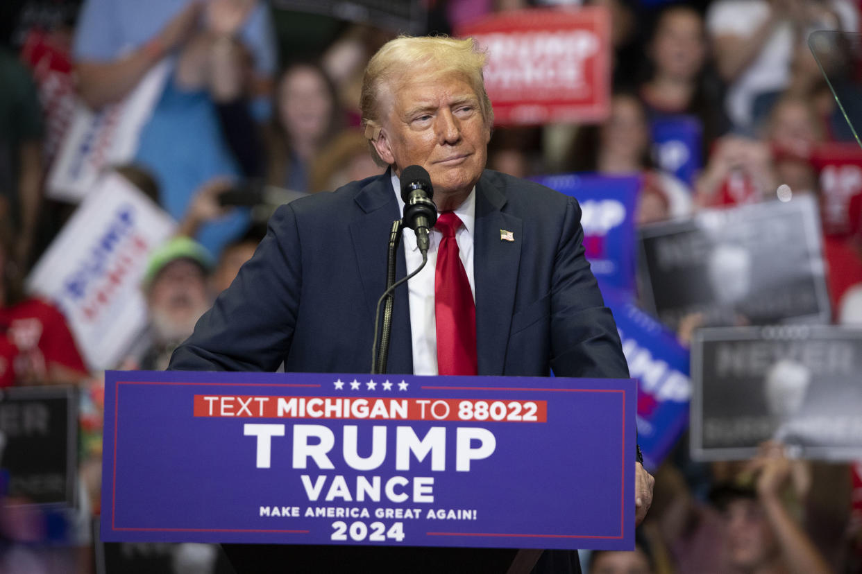 GRAND RAPIDS, MICHIGAN - JULY 20: Republican Presidential nominee former President Donald J. Trump holds his first public campaign rally with his running mate, Vice Presidential nominee U.S. Senator J.D. Vance (R-OH) (not pictured), at the Van Andel Arena on July 20, 2024 in Grand Rapids, Michigan.  This is also Trump's first public rally since he was shot in the ear during an assassination attempt in Pennsylvania on July 13. Photo by Bill Pugliano/Getty Images)