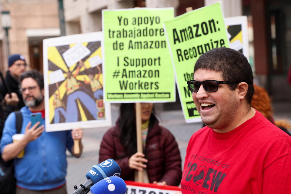 Amazon JFK8 distribution center union organizer Jason Anthony speaks to the press about preliminary results regarding the vote to unionize, outside the NLRB offices in Brooklyn, New York City, U.S., April 1, 2022. REUTERS/Brendan McDermid