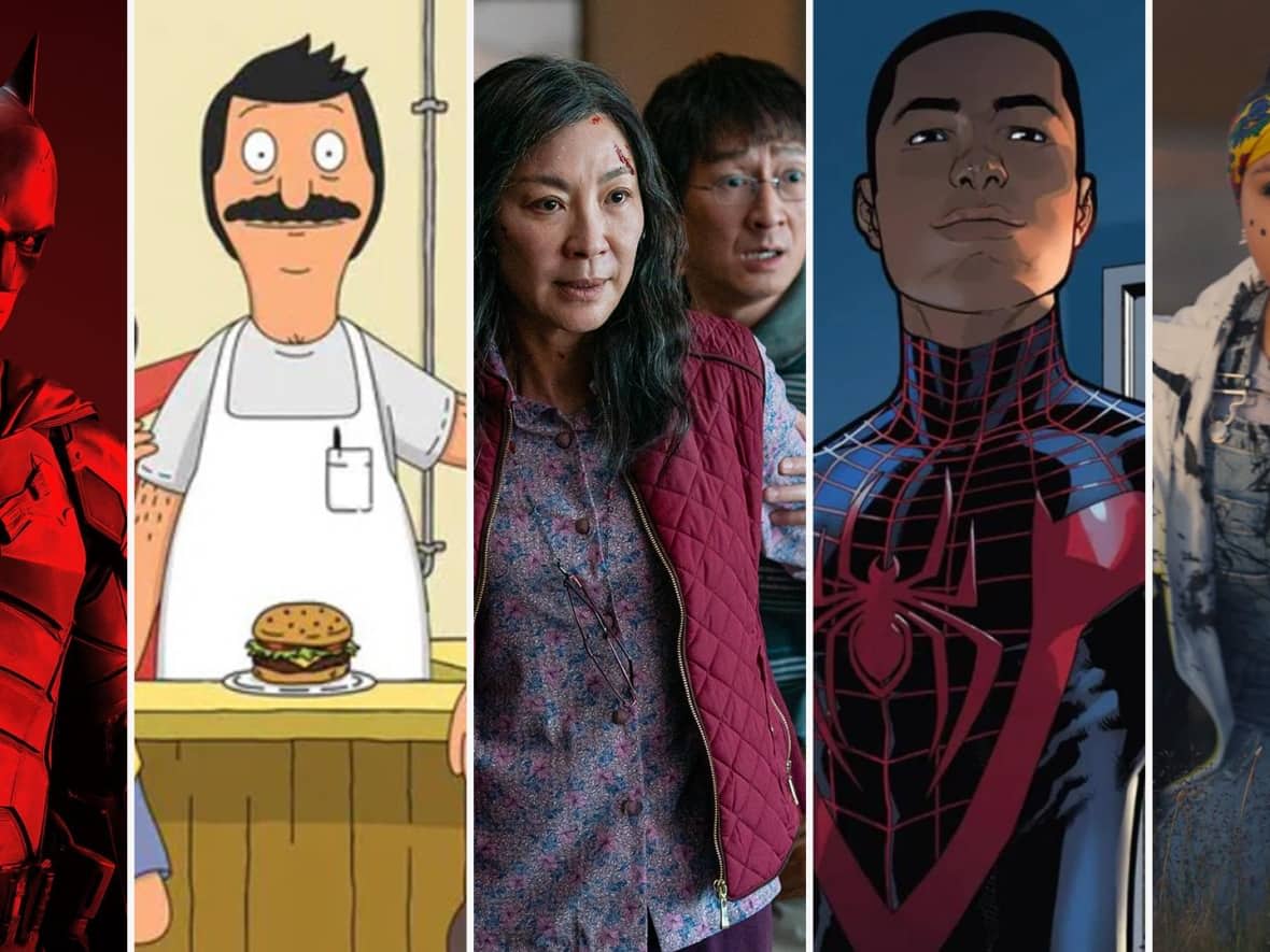 Left to right: The Batman; Bob's Burgers; Michelle Yeoh in Everything Everywhere All At Once; Miles Morales as Spider-Man; and Alexis Wolfe in Slash/Back. (Warner Bros. Pictures, FOX, Elevation Pictures, Marvel, Mixtape SB Productions Inc. - image credit)