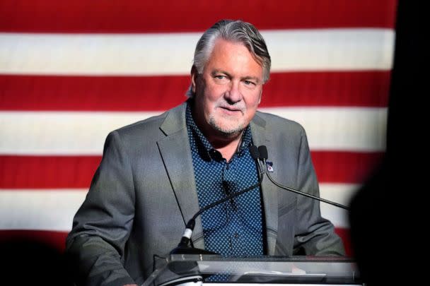 PHOTO: Joe O'Dea, Republican nominee for the U.S. Senate seat held by Democrat Michael Bennet, speaks during a primary election night watch party, late June 28, 2022, in Denver. (David Zalubowski/AP, FILE)