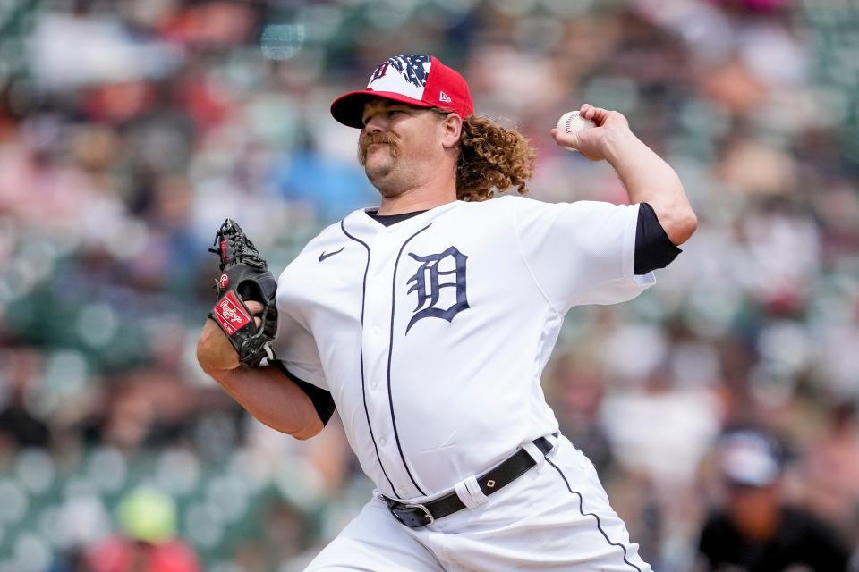 Tigers pitcher Andrew Chafin delivers a pitch against the Guardians during the top of the seventh inning in Game 1 of the doubleheader on Monday, July 4, 2022, at Comerica Park.