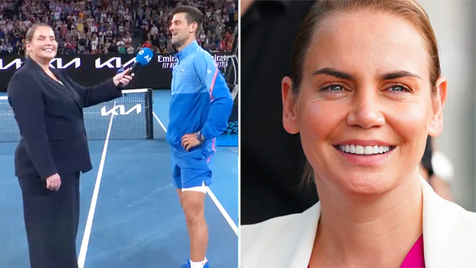 Jelena Dokic (pictured left) interviewing Novak Djokovic at the Australian Open and (pictured right) Dokic during broadcast.