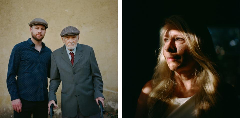 On left, Andrzej's stands next to his grandson Justin Keeling. On right, Susan looks out of the window in her home.