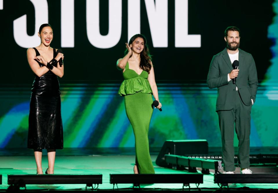 Gal Gadot, Alia Bhatt and Jamie Dornan speak during Netflix's Tudum: A Global Fan Event 2023 (Getty Images for NETFLIX)