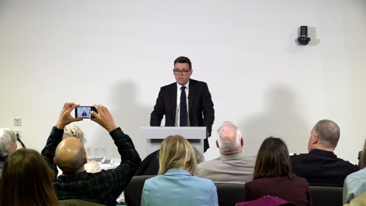 Screen grab taken from PA Video of Mayor of Greater Manchester Andy Burnham during a press conference for the publication of the independent assurance review into child sexual exploitation in Rochdale, commissioned byMr Burnham, at The Tootal Buildings in Manchester. Picture date: Monday January 15, 2024.