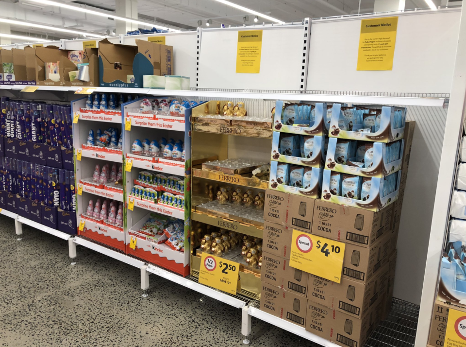 Coles has put easter eggs in space left empty by toilet paper hoarders. Source: Twitter/ktml 