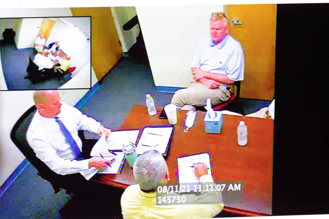 Evidence is shown during Alex Murdaugh’s trial for murder at the Colleton County Courthouse in Walterboro, S.C., on Wednesday, Feb. 15, 2023. The 54-year-old attorney is standing trial on two counts of murder in the shootings of his wife Maggie and son Paul at their Colleton County, S.C., home and hunting lodge on June 7, 2021. (Joshua Boucher/The State via AP, Pool)