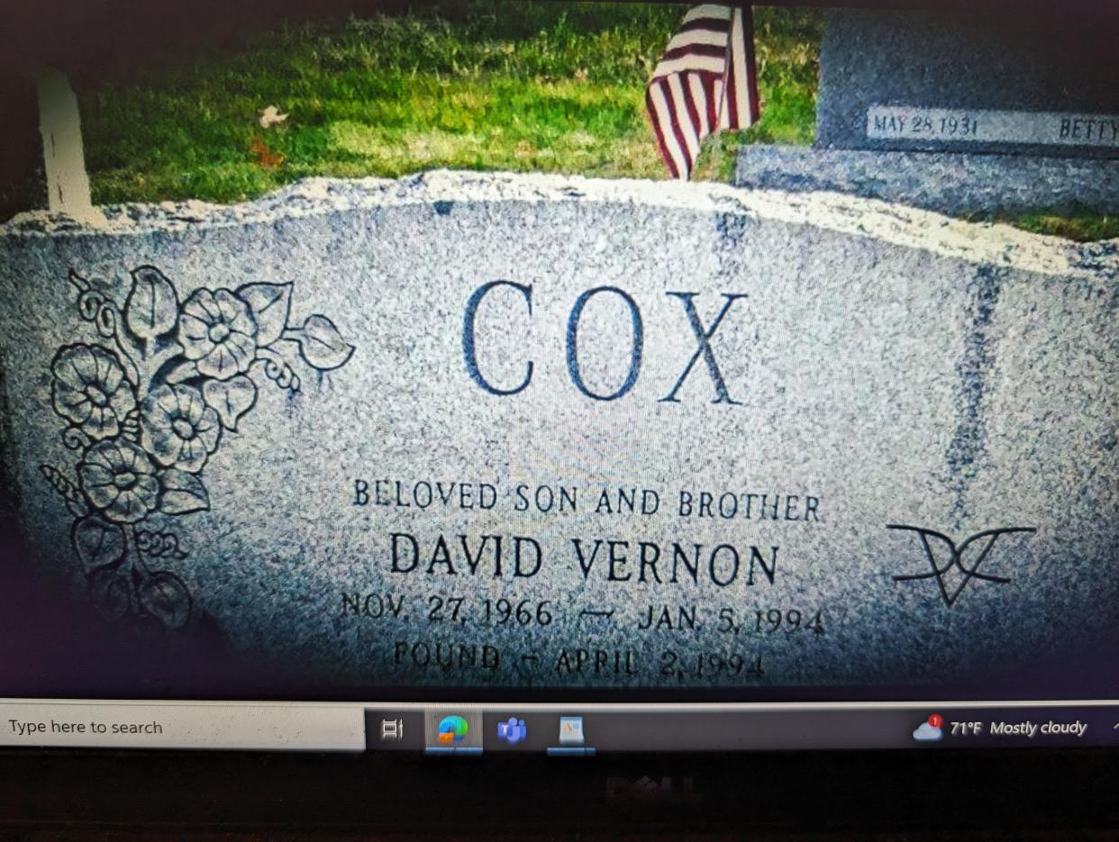 David V. Cox's gravestone. The body of Cox, a former Marine who was living in Natick, was found in April 1994 in Medfield.