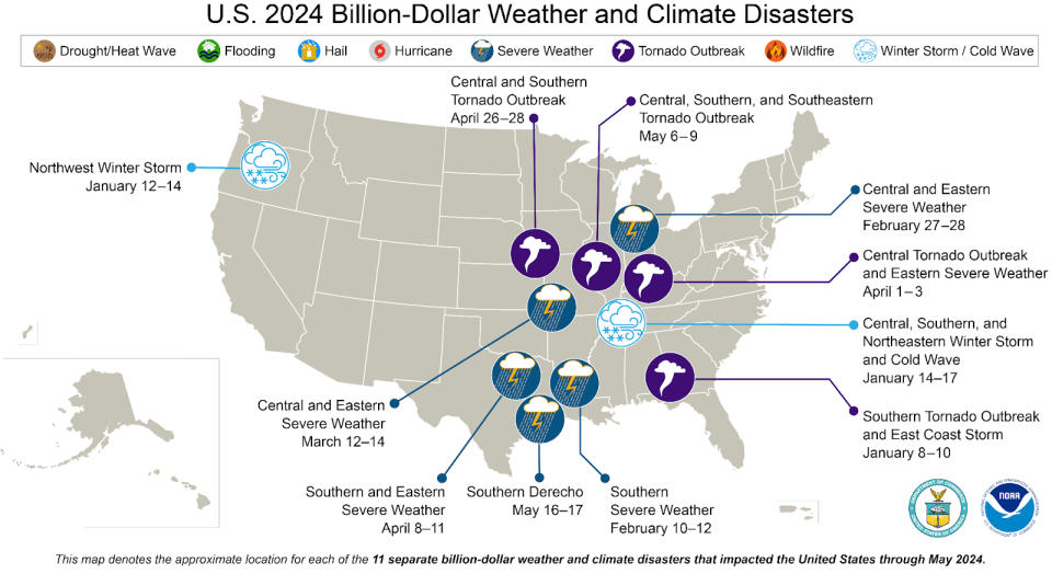 a grey map of the US with some tornado icons and many info captions about climate anomalies.