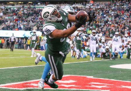 FILE PHOTO: Nov 26, 2017; East Rutherford, NJ, USA; New York Jets tight end Austin Seferian-Jenkins (88) catches a touchdown pass during the second half of their game against the Carolina Panthers at MetLife Stadium. The play was overturned on review for failure to maintain possession of the ball. Mandatory Credit: Ed Mulholland-USA TODAY Sports