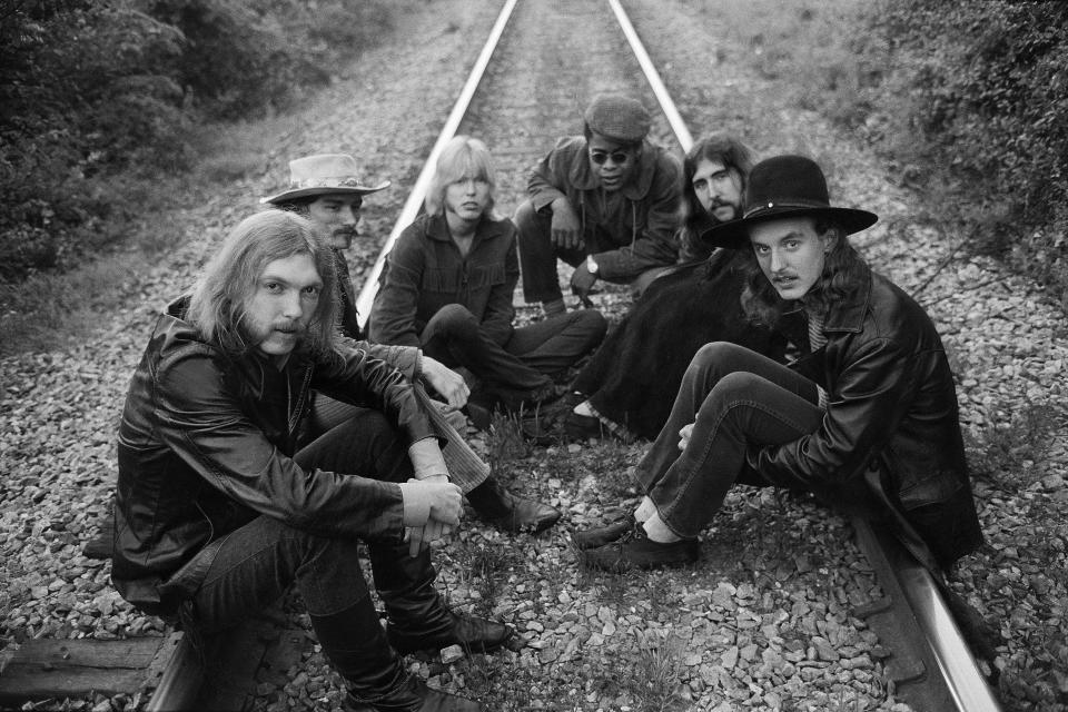 The Allman Brothers — Duane Allman, left, Dickey Betts, Gregg Allman, Jai Johanny “Jaimoe” Johanson, Berry Oakley and Butch Trucks — pose for a band photo on May 5, 1969, near Macon, Georgia.