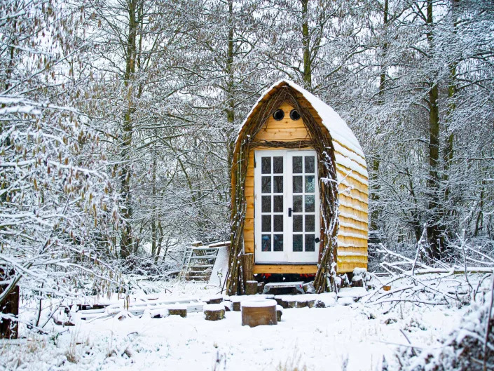 A photo of the tiny home. surrounded by snow in the winter.