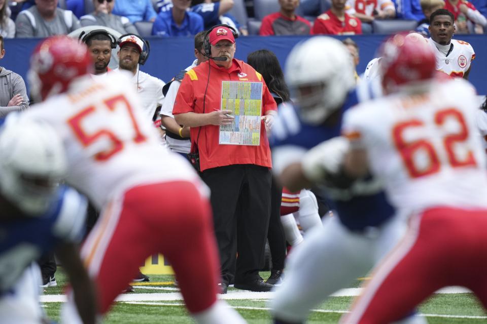 Kansas City Chiefs head coach Andy Reid watches during the first half of an NFL football game against the Indianapolis Colts, Sunday, Sept. 25, 2022, in Indianapolis. (AP Photo/AJ Mast)