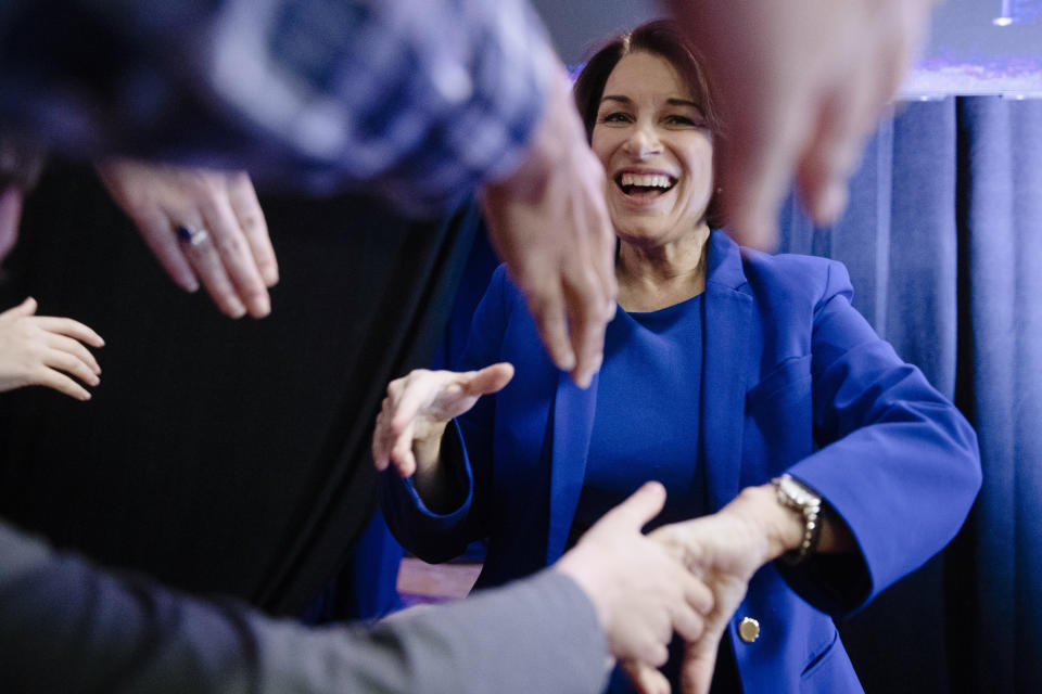 Democratic presidential candidate Sen. Amy Klobuchar, D-Minn., arrives at "Our Rights, Our Courts" forum New Hampshire Technical Institute's Concord Community College, Saturday, Feb. 8, 2020, in Concord, N.H. (AP Photo/Matt Rourke)